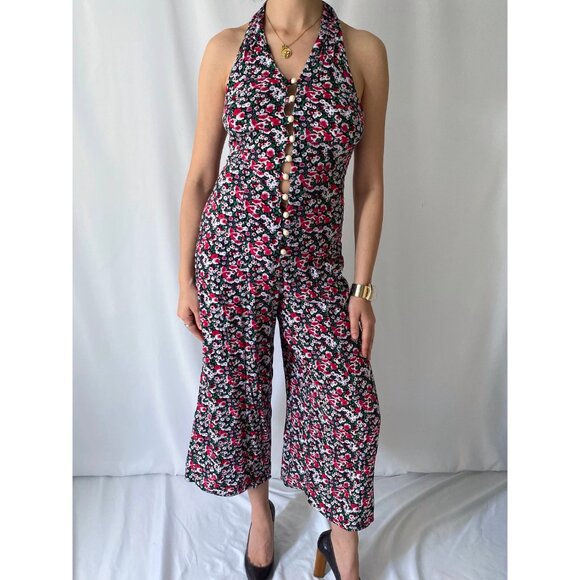 90s vintage red floral print summer halter flared pant button up jumpsuit romper - Picture 3 of 9